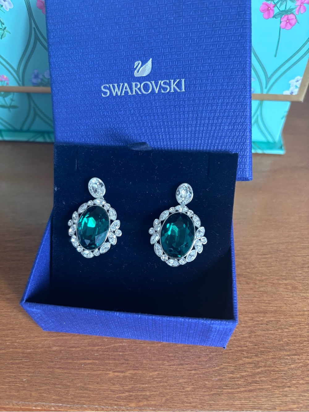 Swarovski Teal Green Oval Crystal Halo Drop Earrings